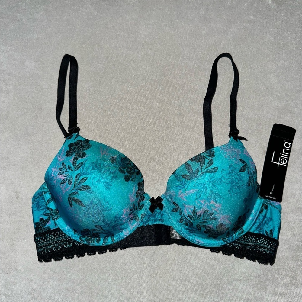Felina Turquoise and Black Floral Lace Bra